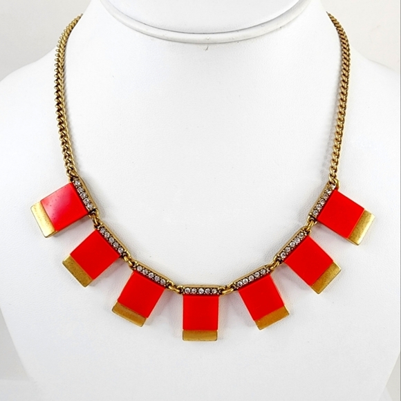 J. Crew art deco statement necklace with red orange pop color - Picture 1 of 6